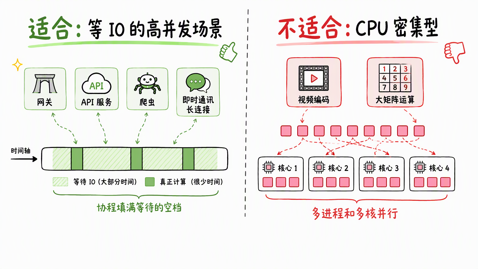 左右对比图:左侧适合高并发网络服务如网关、API 服务、爬虫、即时通讯长连接;右侧不适合视频编码、大矩阵运算等 CPU 密集任务,应改用多进程和多核并行