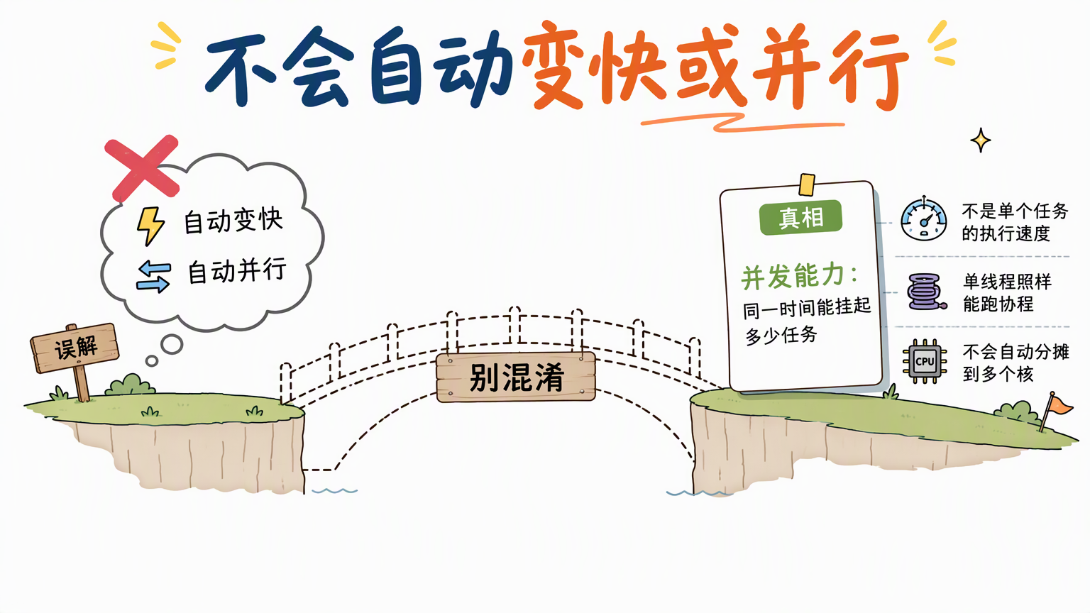 桥接结构:左侧误解是自动变快、自动并行,过桥到右侧真相是提升并发能力而非单任务速度、单线程也能跑协程、多协程不会自动分摊到多核