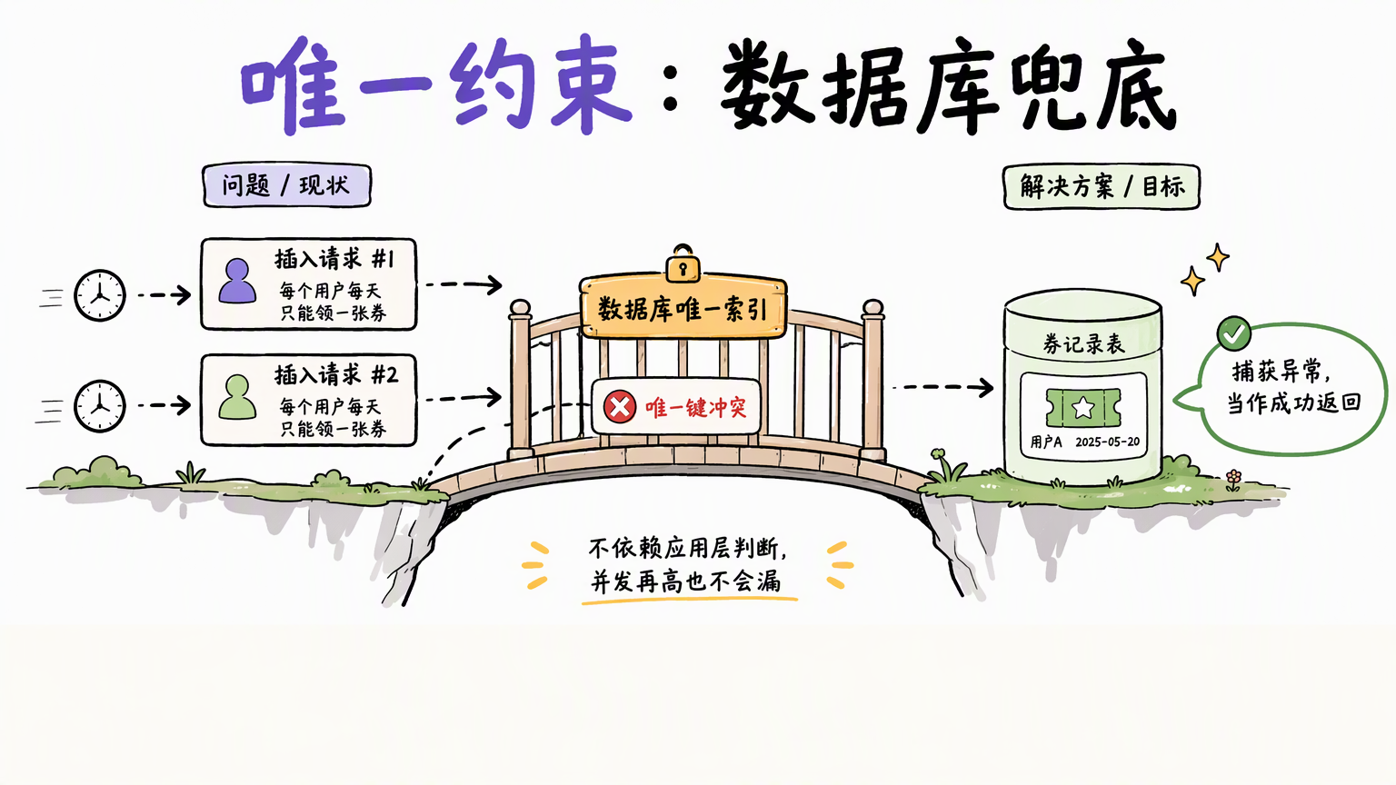 左侧重复插入请求被数据库唯一索引拦下,右侧只保留一条记录并返回成功