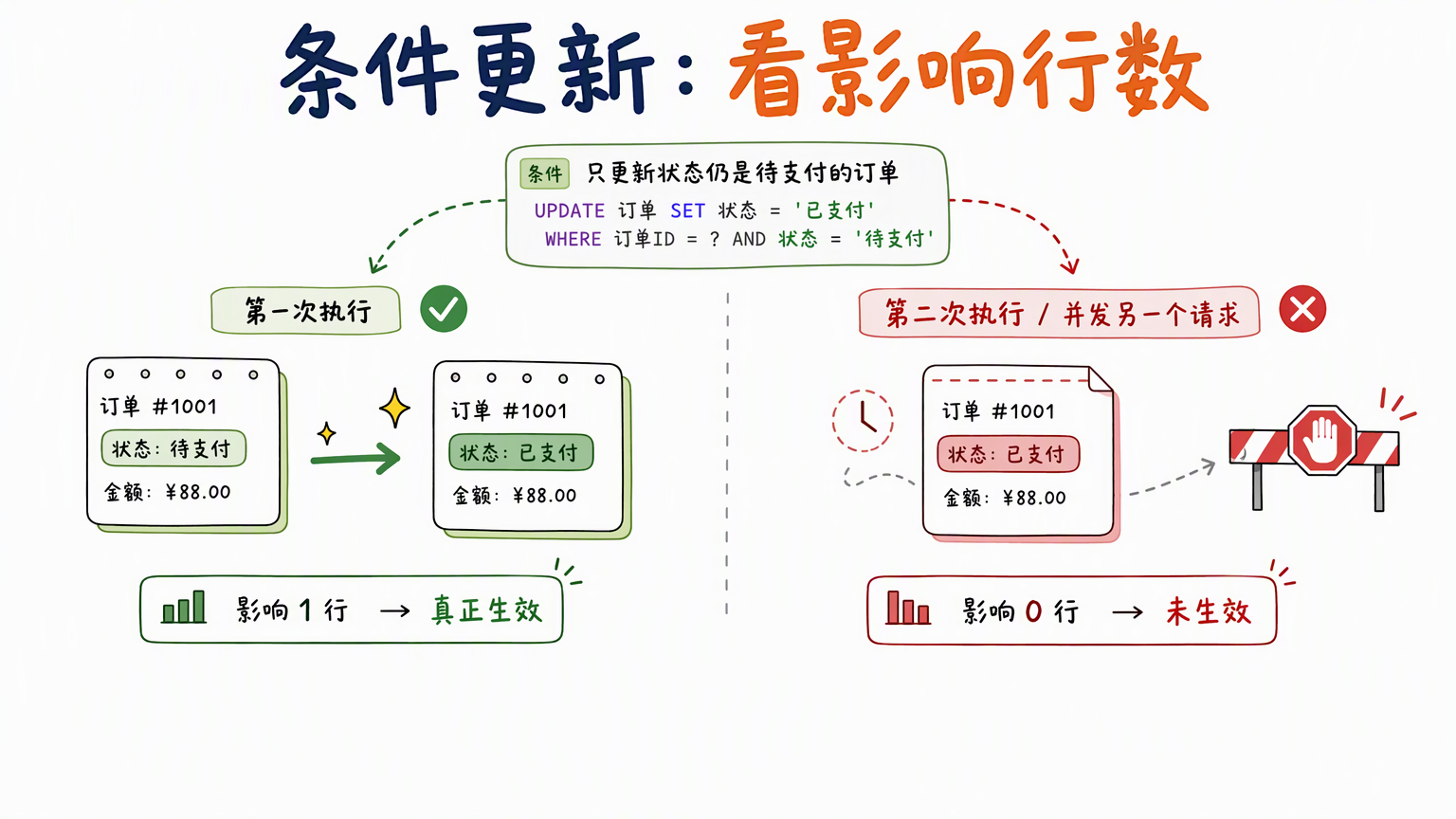 左右对比:第一次条件更新影响一行真正生效,第二次和并发请求都影响零行