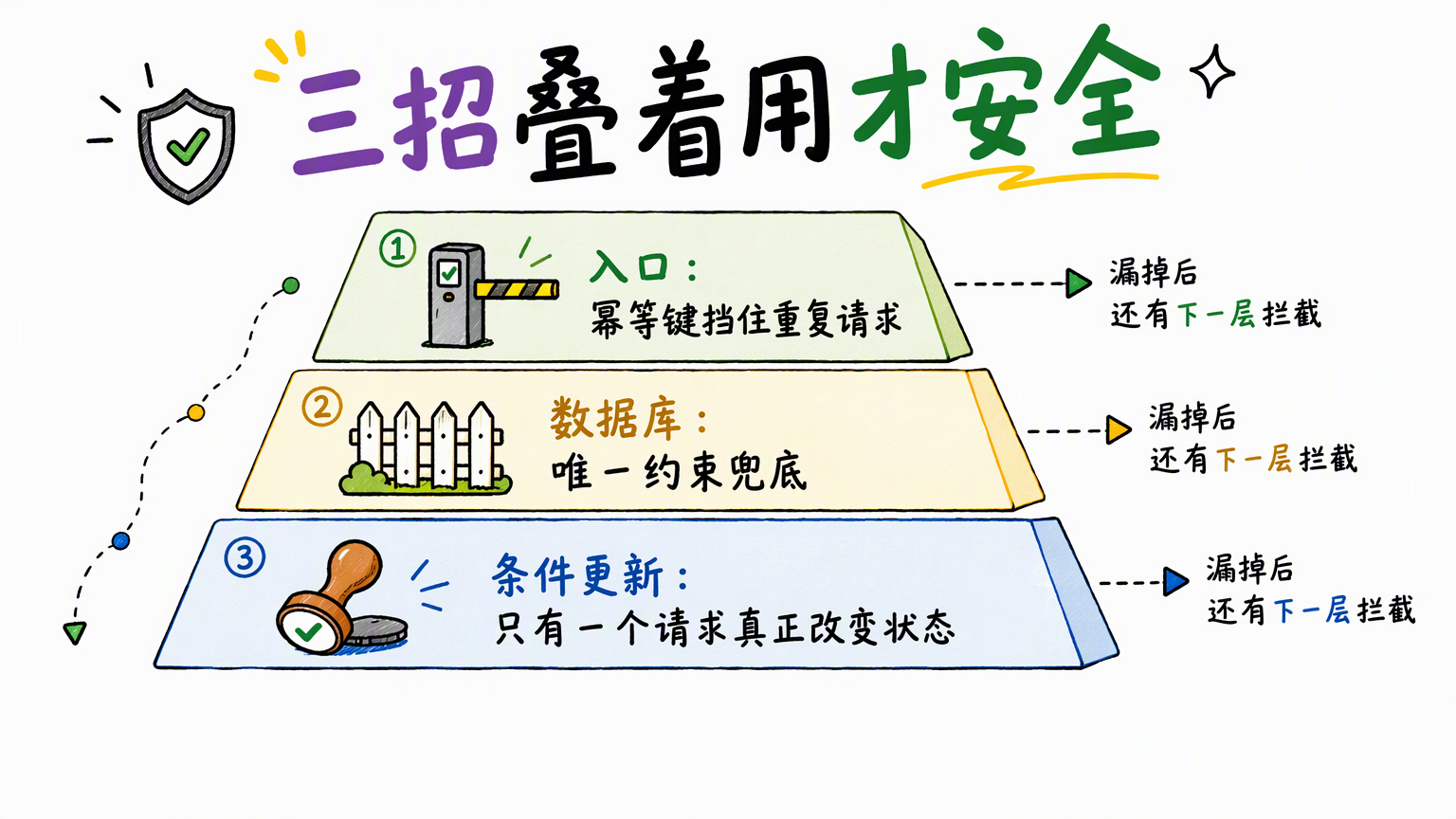 三层防线自上而下:入口幂等键、数据库唯一约束、条件更新