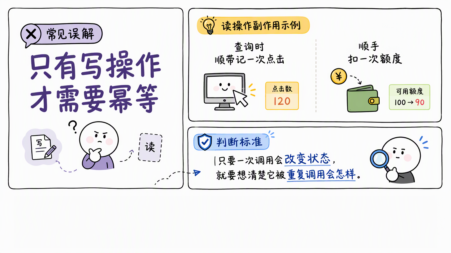 三块信息卡:只写操作需幂等的误解、读操作副作用示例、是否改变状态的判断标准