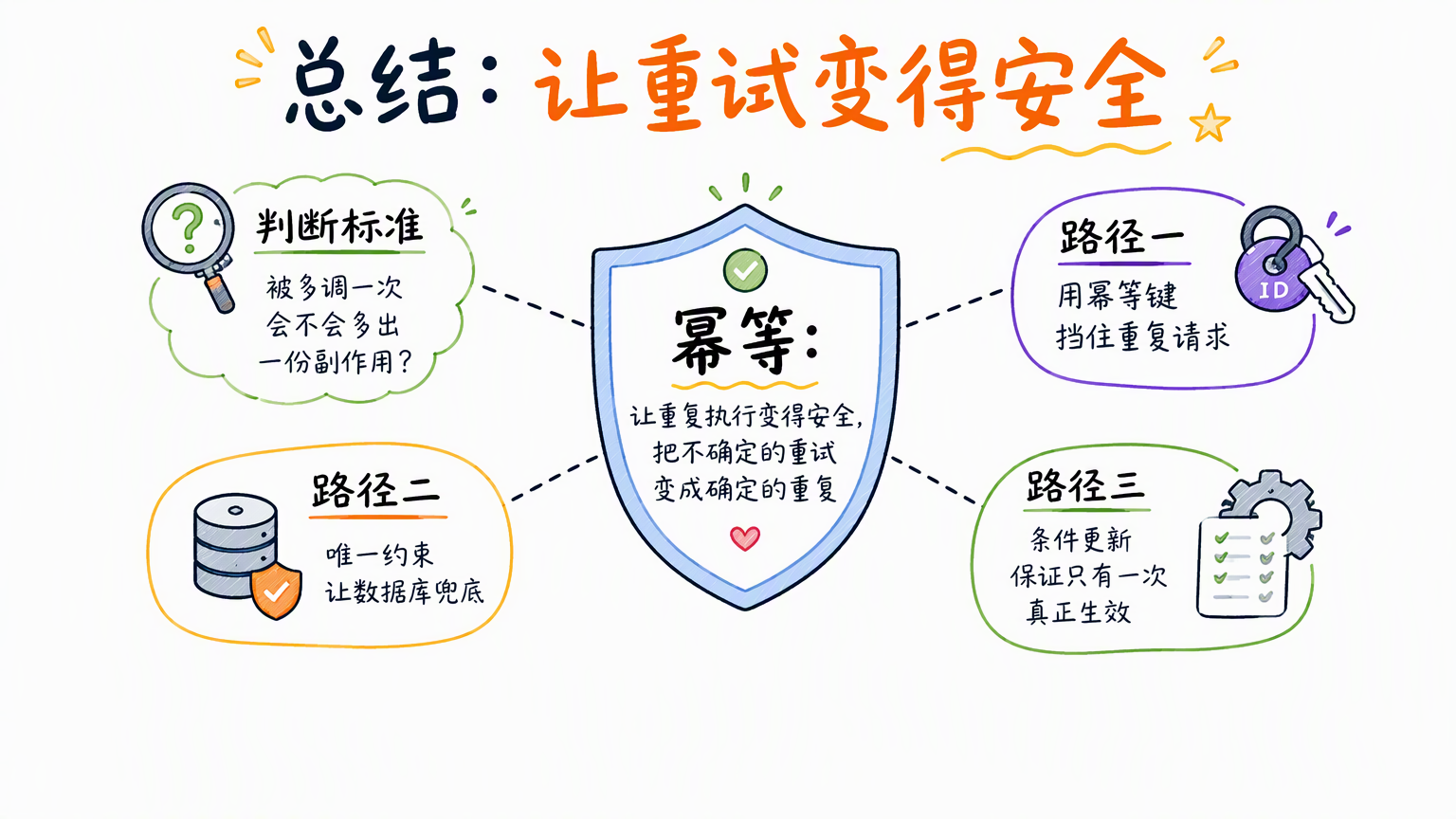 中心写幂等本质是把不确定的重试变成确定的重复,向外辐射判断标准和三条实现路径