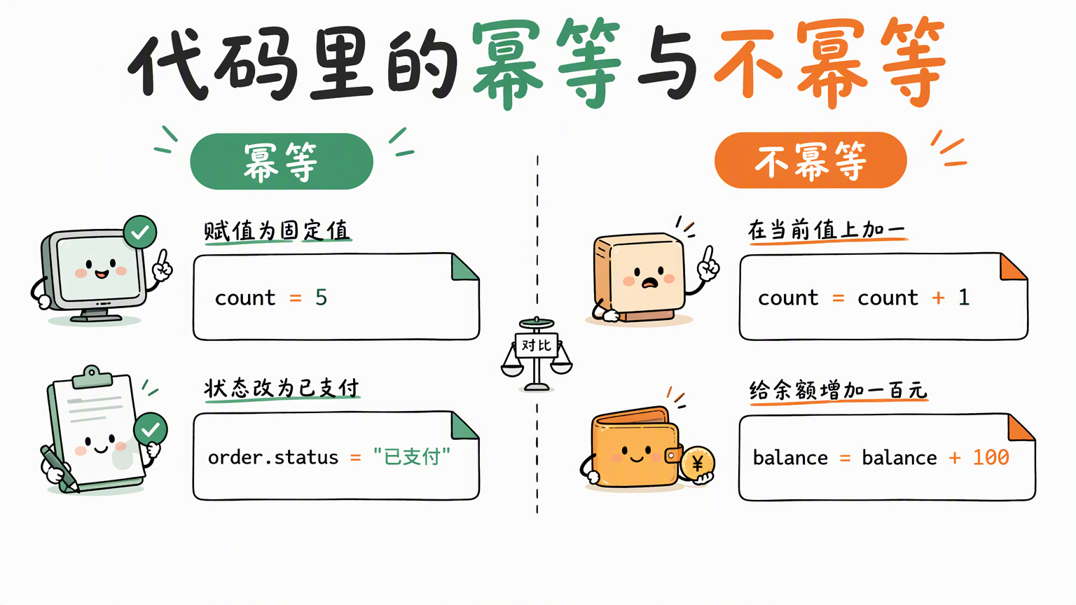 左右两个代码卡片:左侧幂等示例为赋值 5 和改订单状态,右侧非幂等示例为自增和加余额