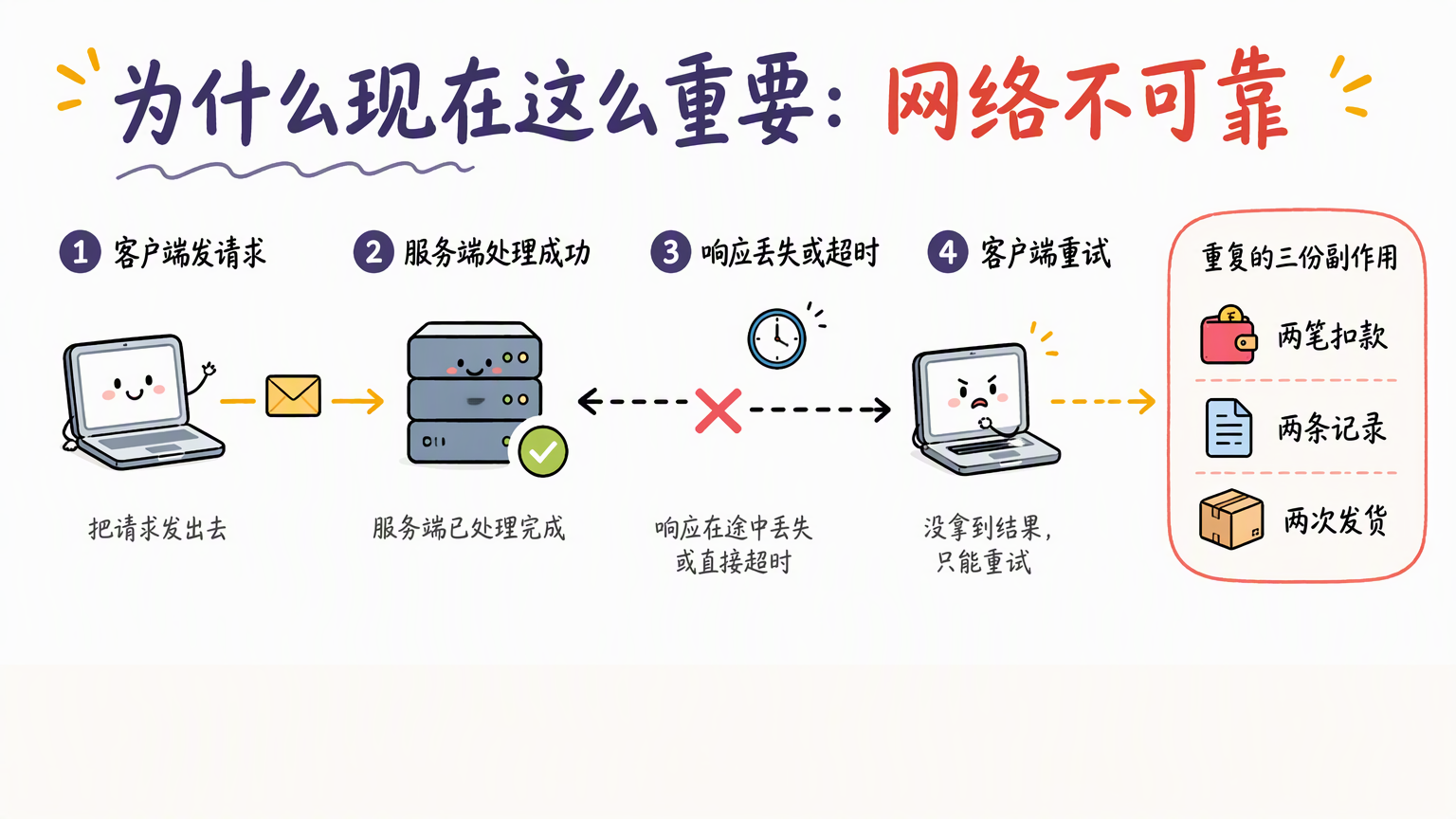 横向流程:请求发出、服务端处理成功、响应丢失或超时、客户端重试,最终产生重复的副作用
