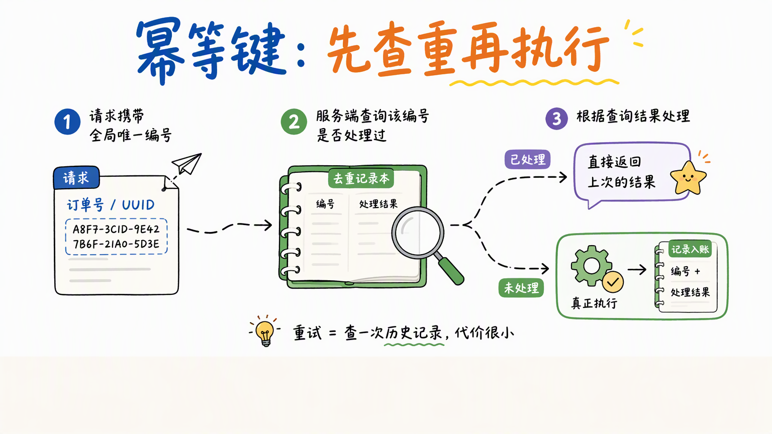 流程图:请求携带唯一编号进入服务端查重,命中则返回上次结果,未命中则执行并记录编号和结果
