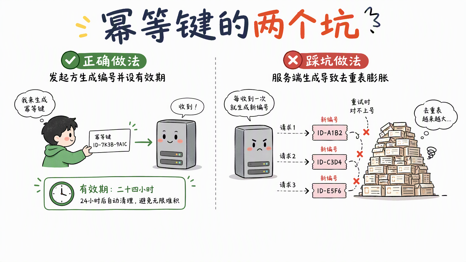 左右对比:正确做法由发起方生成幂等键并给记录设有效期,错误做法由服务端生成新编号导致重试无法识别、去重表膨胀
