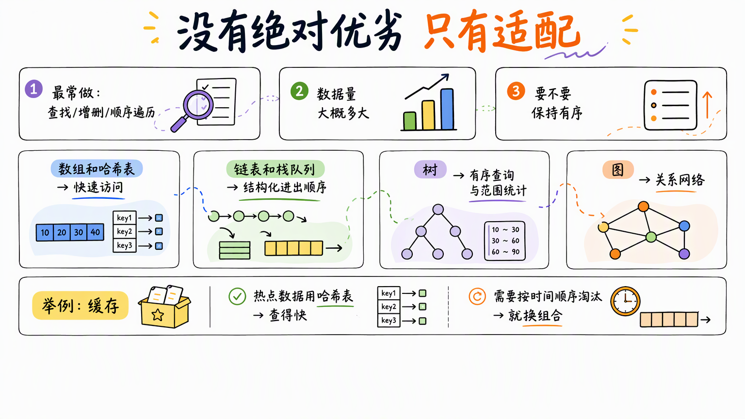 上方三张判断标准小卡,中间四块结构分工模块,底部一张缓存例子卡