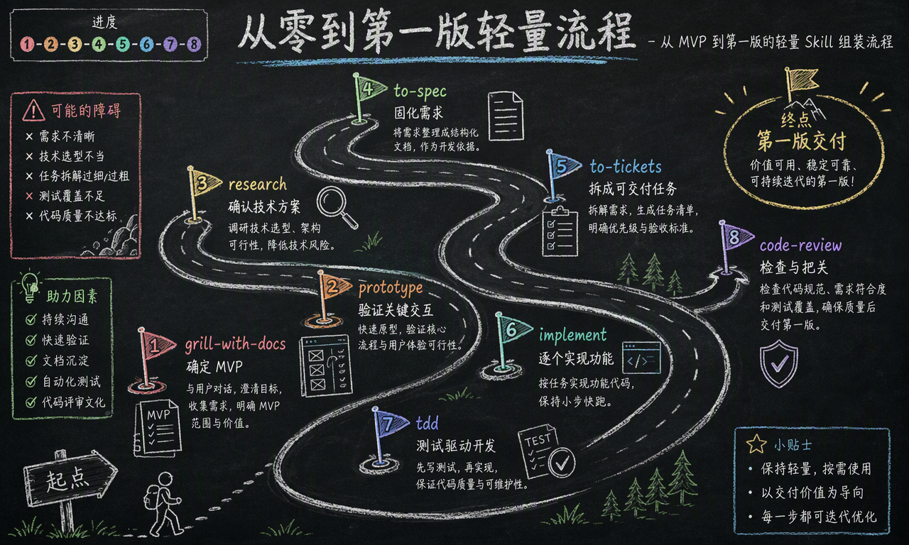 从 MVP 到第一版交付的轻量 Skill 流程包括需求澄清、原型、调研、规格、任务、实现、测试和评审