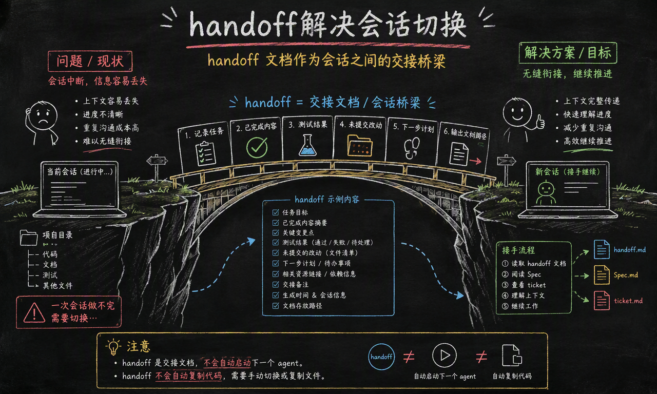 handoff 用交接文档连接两个 AI 会话,记录完成内容、测试结果、未提交改动和下一步计划
