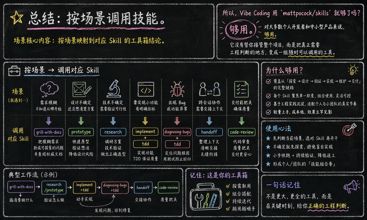 按场景调用对应 Skill:需求用 grill-with-docs,设计用 prototype,调研用 research,实现和 Bug 用 implement、tdd,交付用 code-review