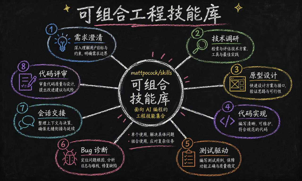 mattpocock/skills 的核心能力覆盖需求澄清、技术调研、原型、实现、测试、Bug 诊断、会话交接和代码评审