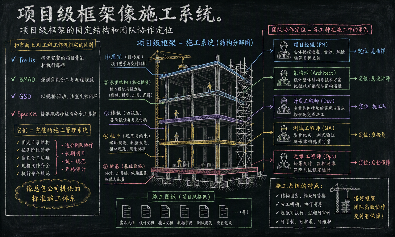 项目级 AI 工程框架像完整施工系统,而 mattpocock/skills 更像按需取用的工程工具箱