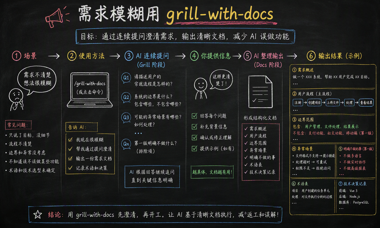 grill-with-docs 通过连续提问澄清目标、用户流程、边界、异常场景和第一版不做什么
