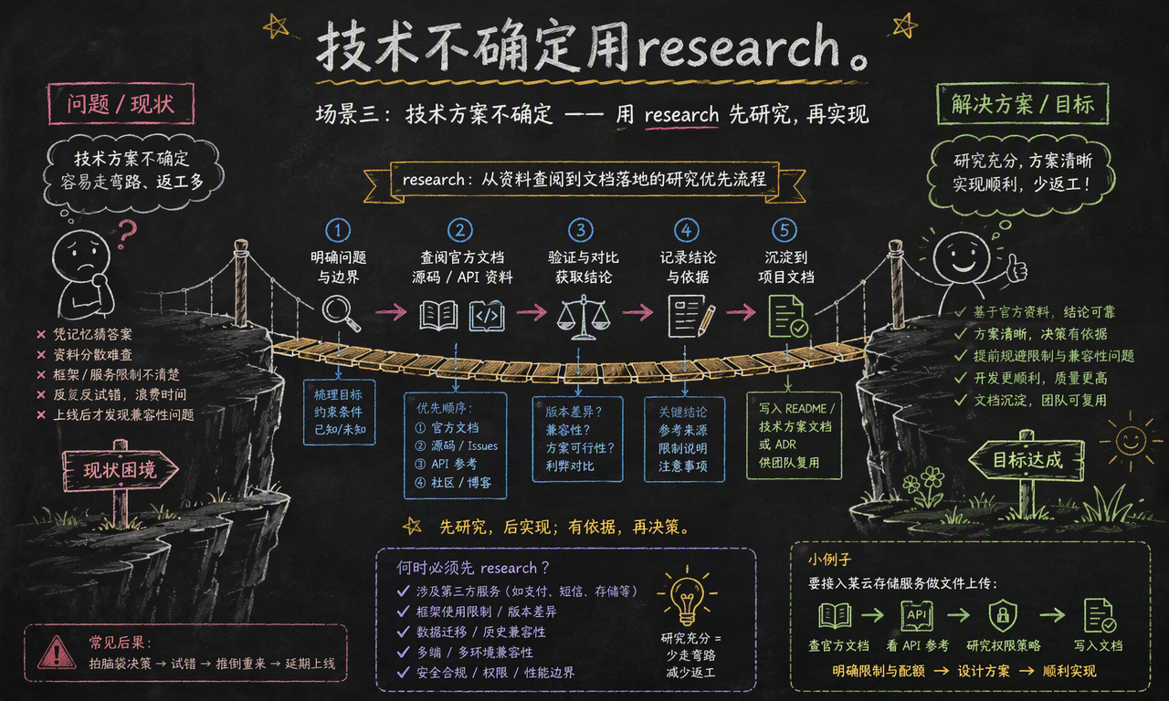 research 按明确问题、查阅资料、验证对比、记录依据和沉淀文档的顺序确认技术方案