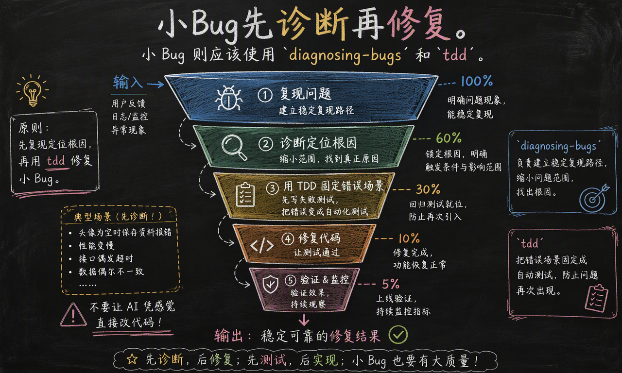 diagnosing-bugs 先复现和定位根因,再由 tdd 固定错误场景并验证修复结果