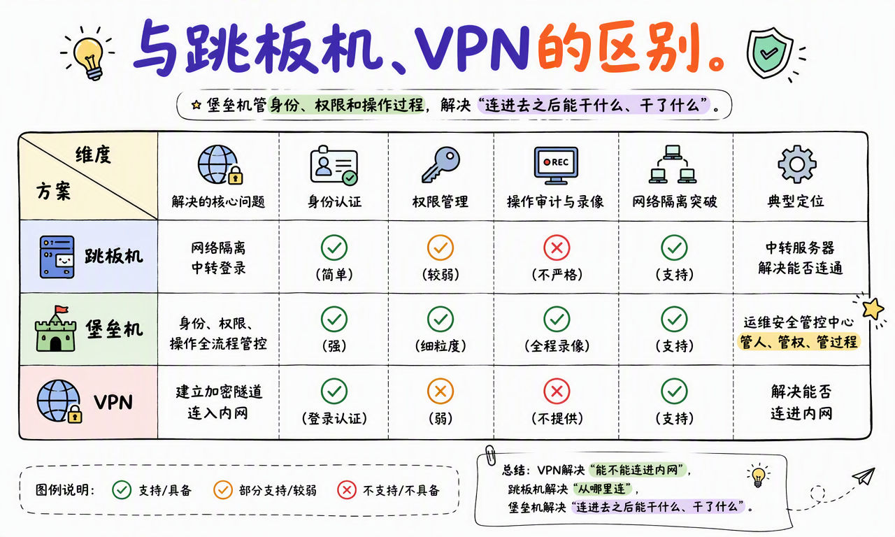跳板机、VPN 和堡垒机分别解决网络中转、内网接入和运维全过程控制