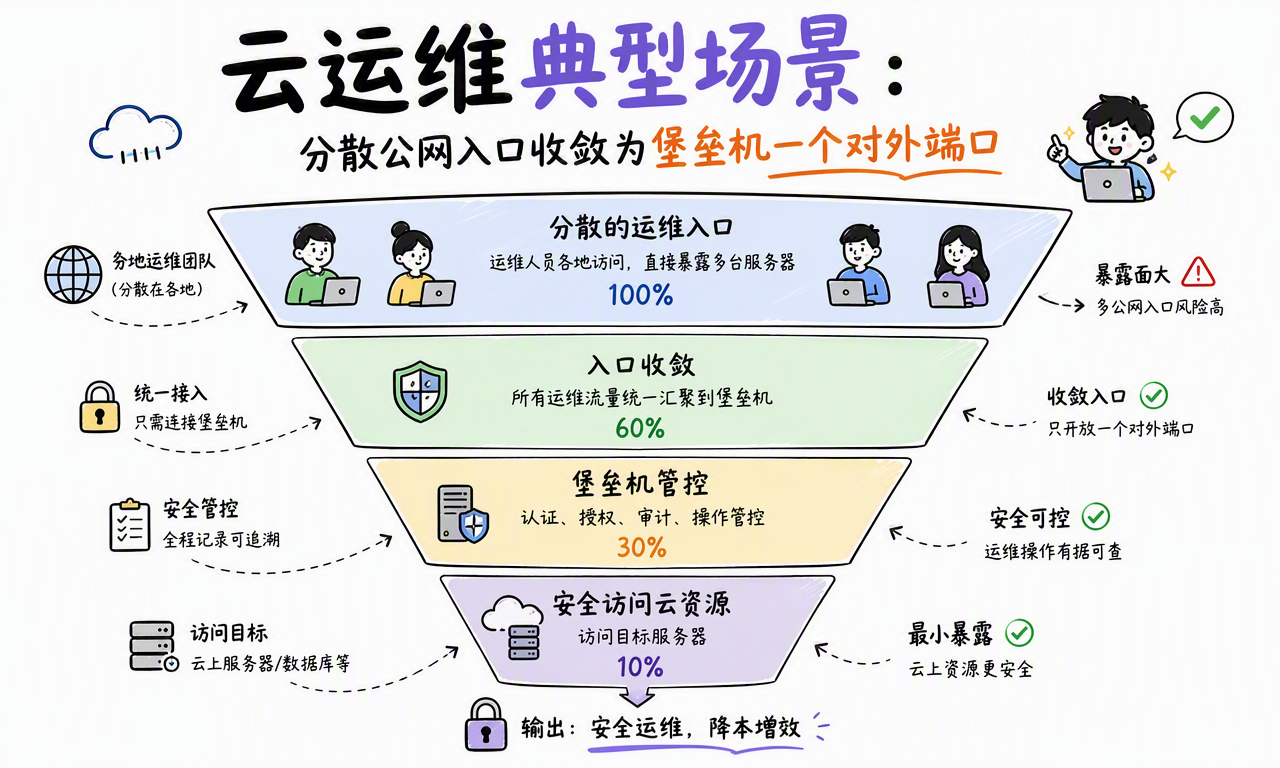 云运维场景中,分散的公网入口收敛为堡垒机一个对外端口