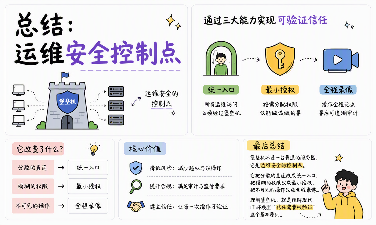 堡垒机把分散直连变成统一入口,把运维行为变成可见、可控、可追溯的安全链路