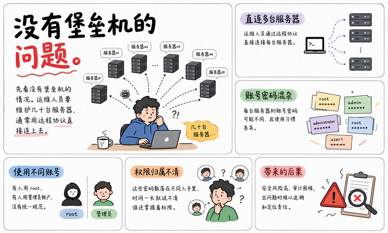 没有堡垒机时,运维人员从不同电脑直接连接多台服务器