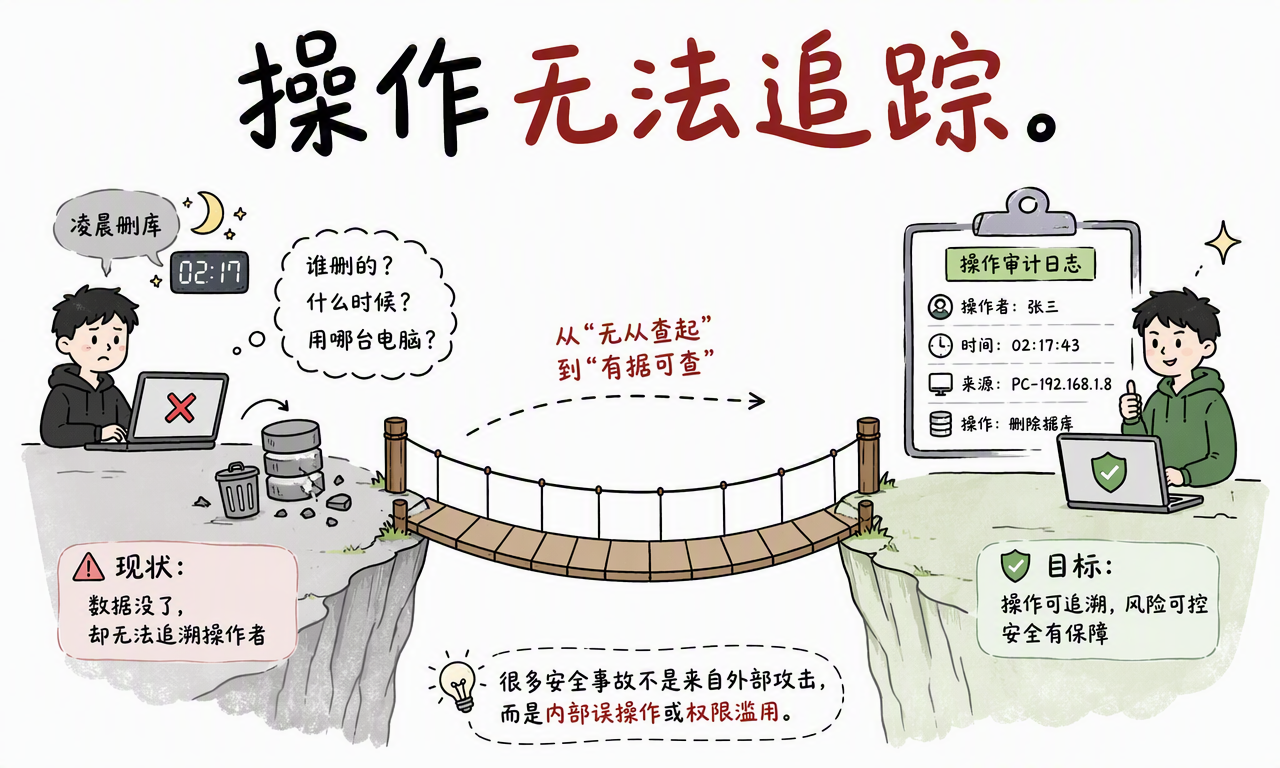 没有完整操作审计时,关键数据被删除后很难定位具体操作者