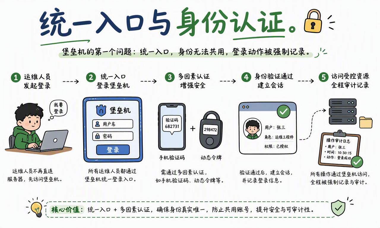 堡垒机通过统一入口和多因素认证确认运维人员身份