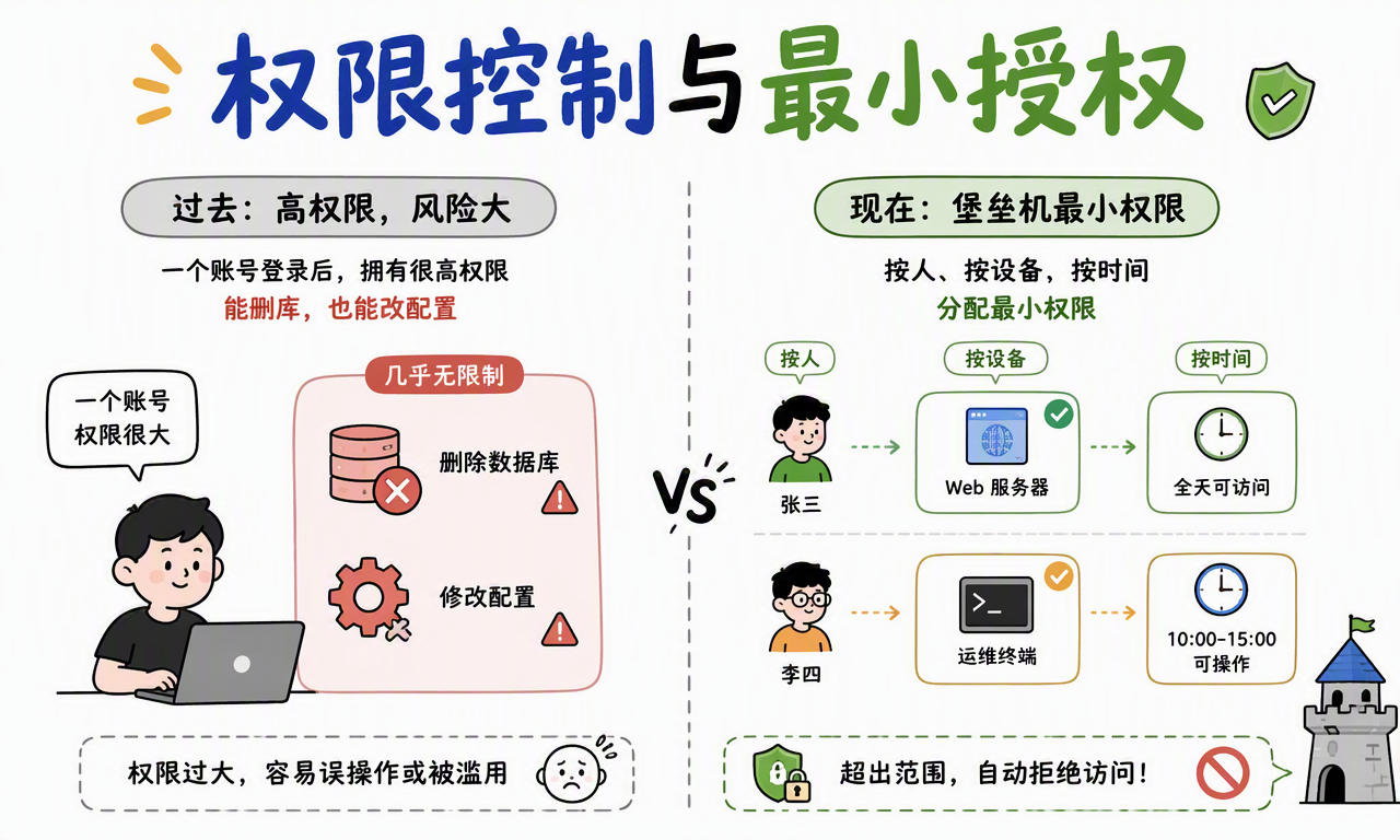 堡垒机按人员、设备和时间分配最小权限,超出范围时自动拒绝访问