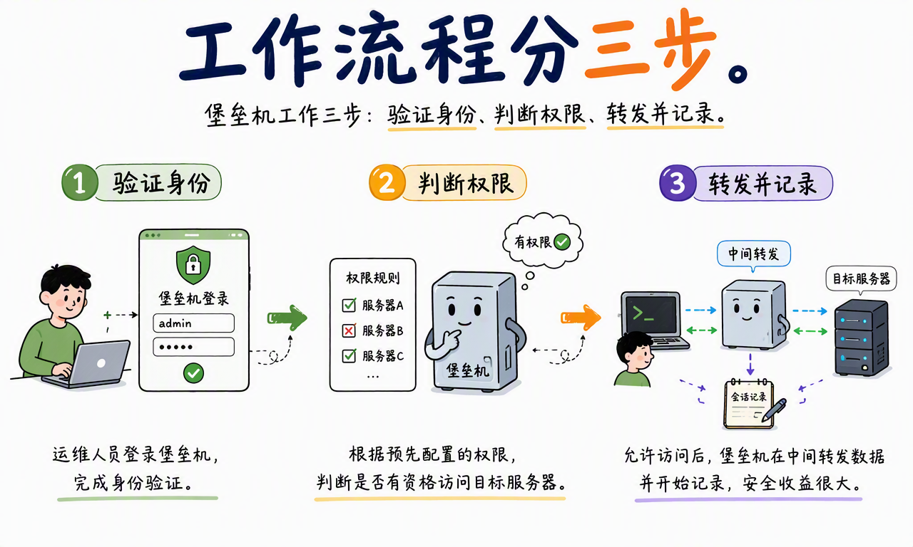 堡垒机工作流程包括验证身份、判断权限、转发连接并记录会话