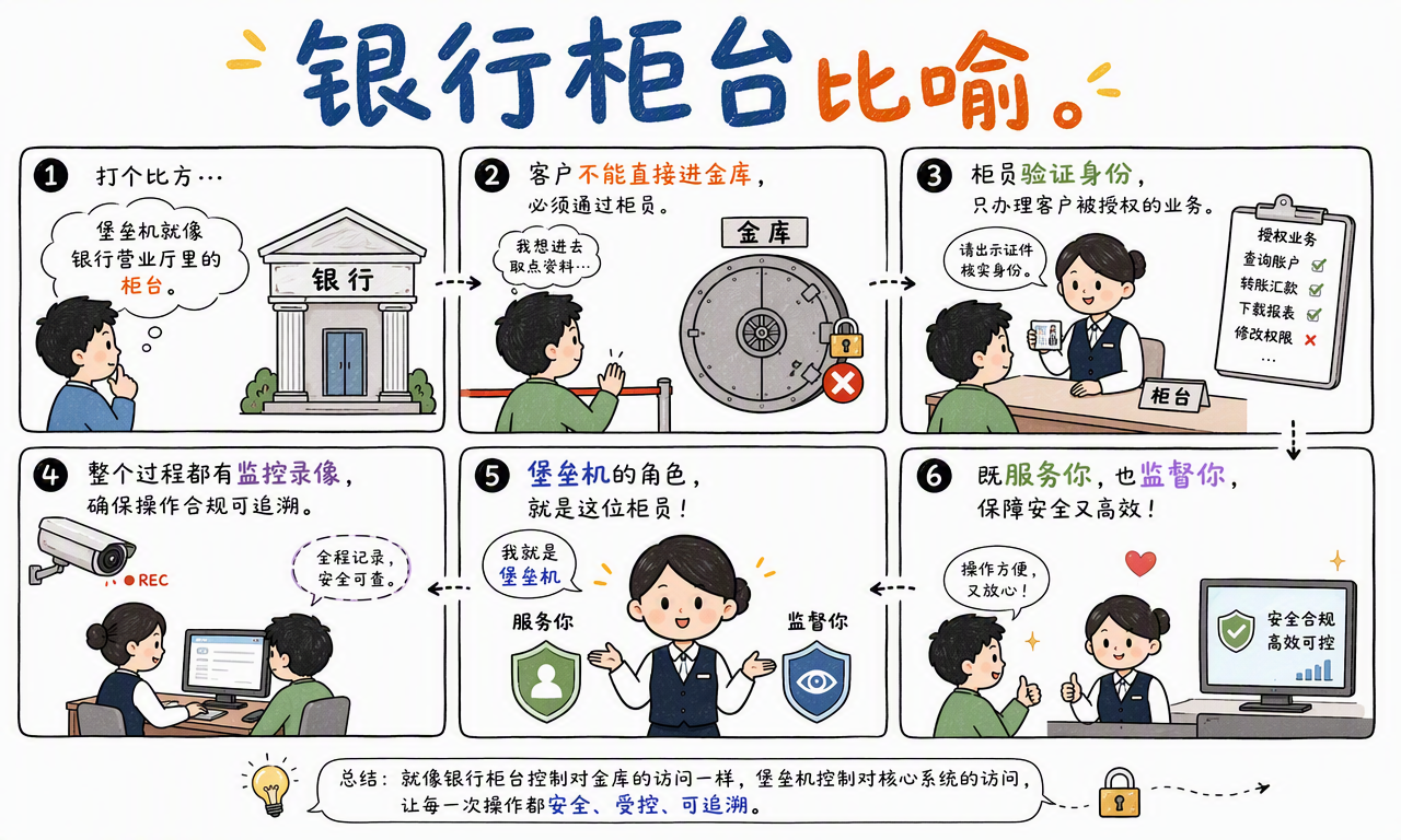 堡垒机像银行柜台一样核验身份、限制业务范围并记录整个操作过程