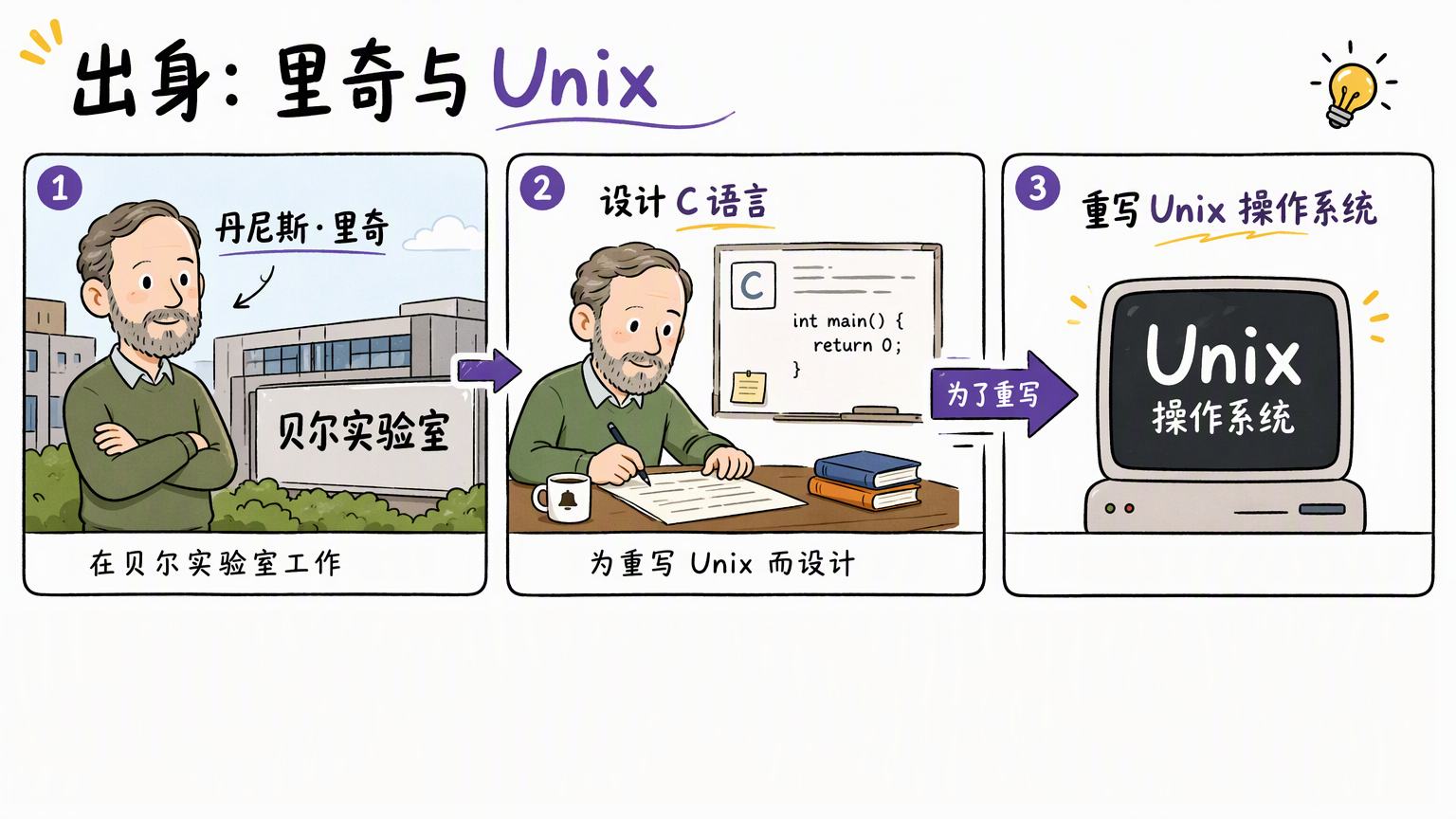 C语言的诞生背景:丹尼斯·里奇在贝尔实验室设计C语言并用于重写Unix