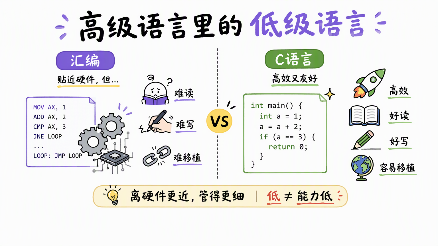 C语言位于汇编与高级语言之间:比汇编更易读、更易写,也更接近硬件