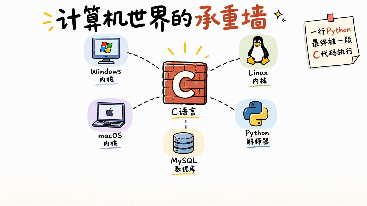 C语言连接多个计算机基础设施:操作系统内核、数据库、Python解释器和macOS等