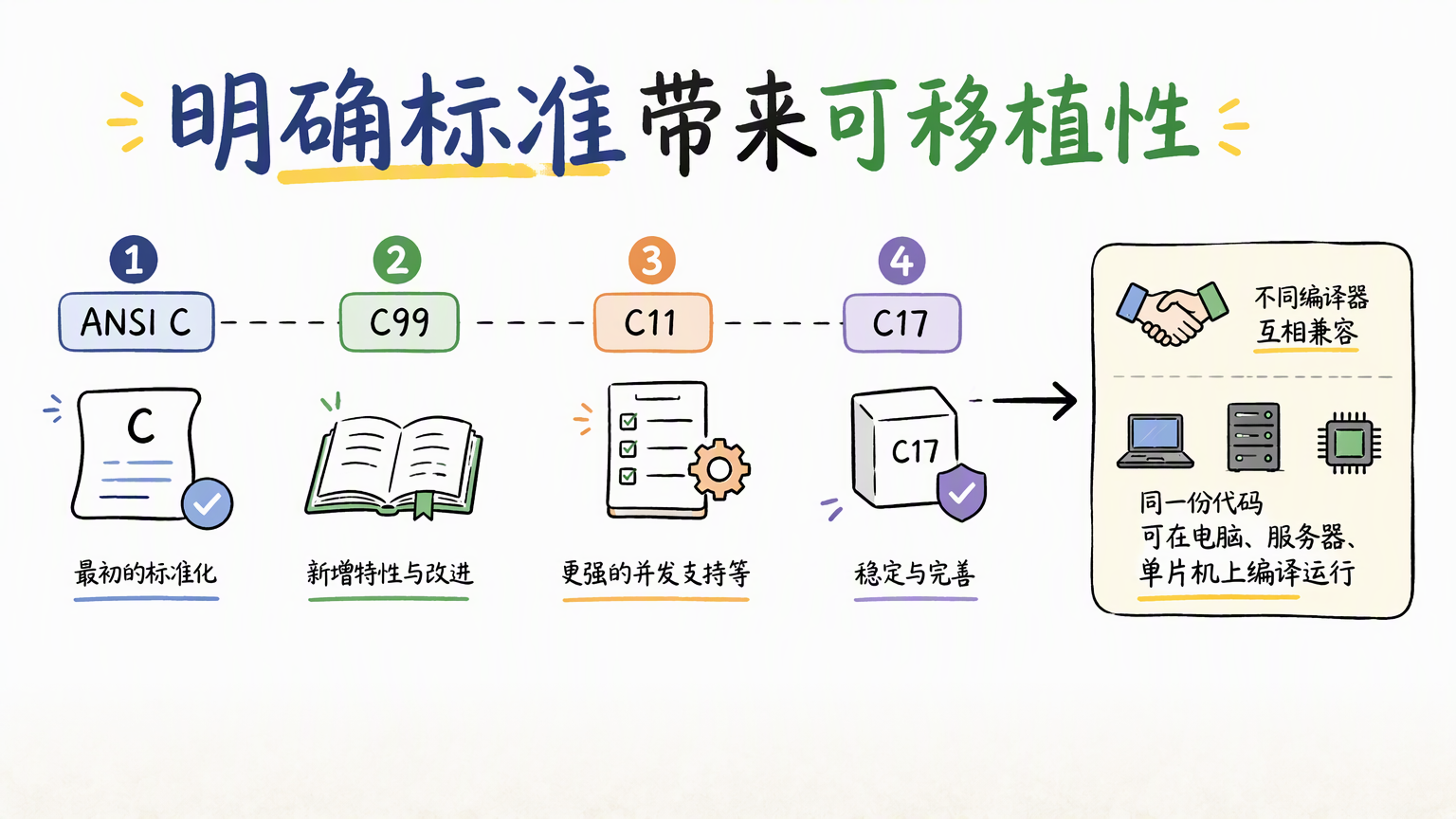 C语言标准从ANSI C、C99、C11到C17持续演进,为跨编译器移植提供共同规则