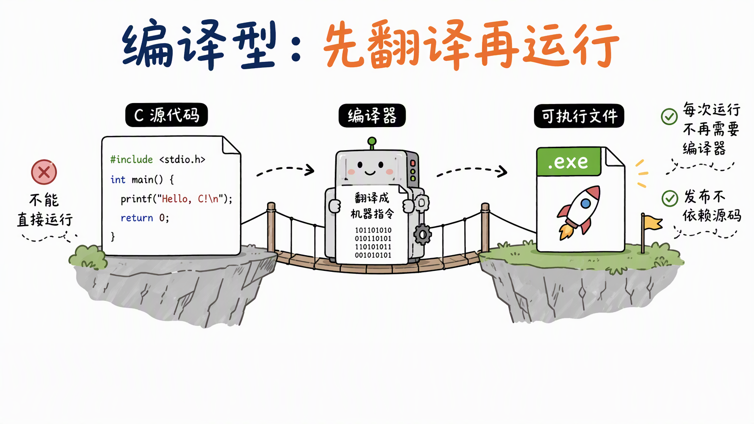 C语言是编译型语言:源代码经过编译器翻译后生成可执行文件,运行时不再需要编译器