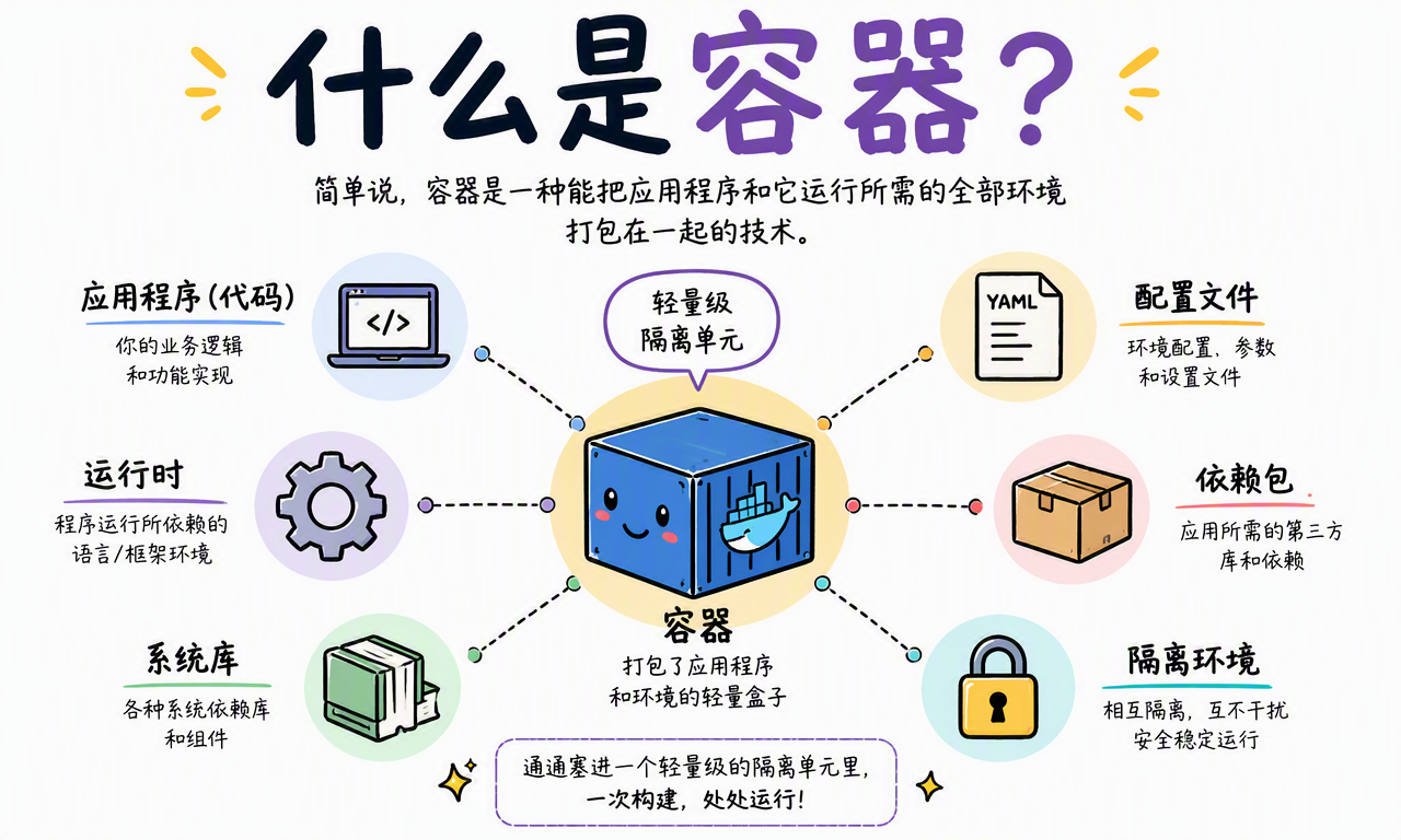 容器把应用代码、运行时、系统库、依赖包和配置文件封装成轻量隔离单元