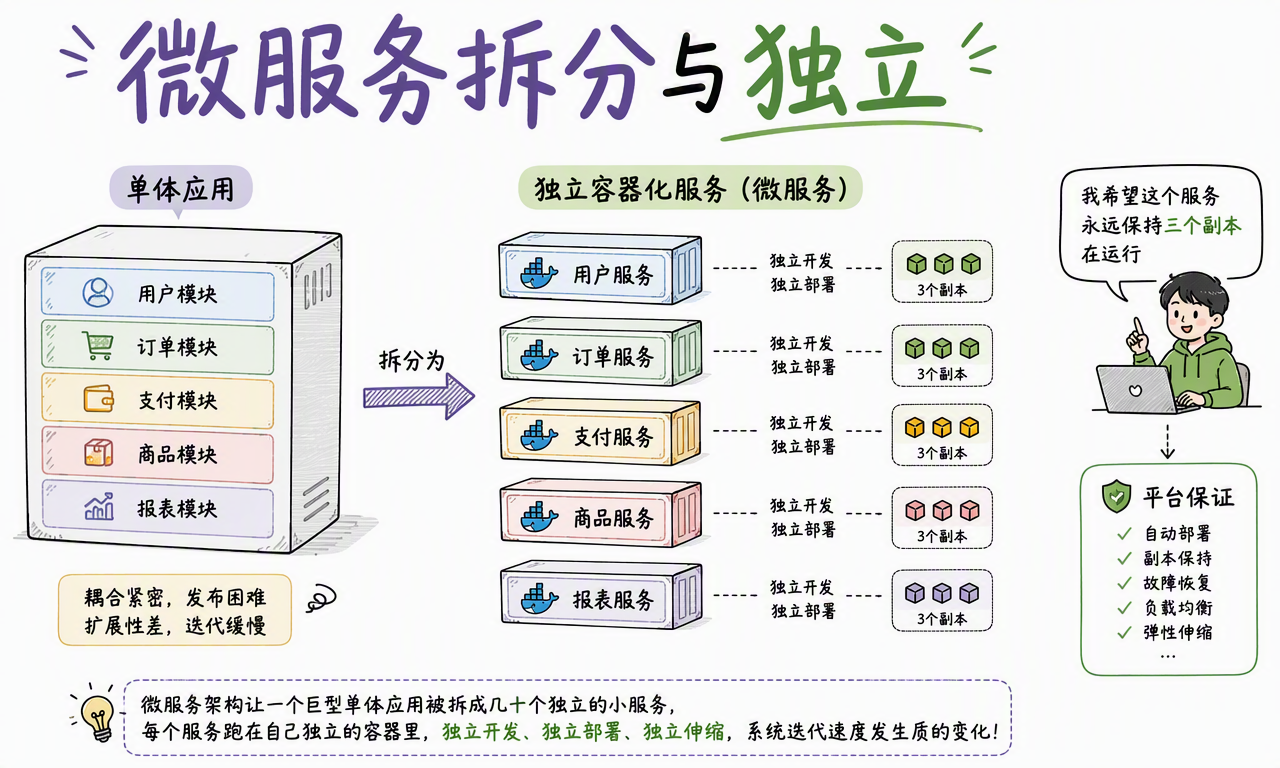 容器让单体应用可以拆成多个独立开发、部署和伸缩的微服务