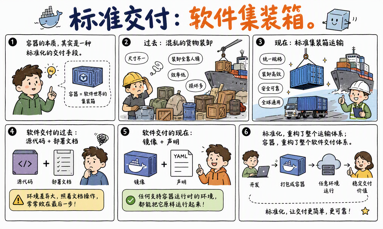 容器把源代码加部署文档的交付方式,重构为镜像加声明的标准集装箱运输