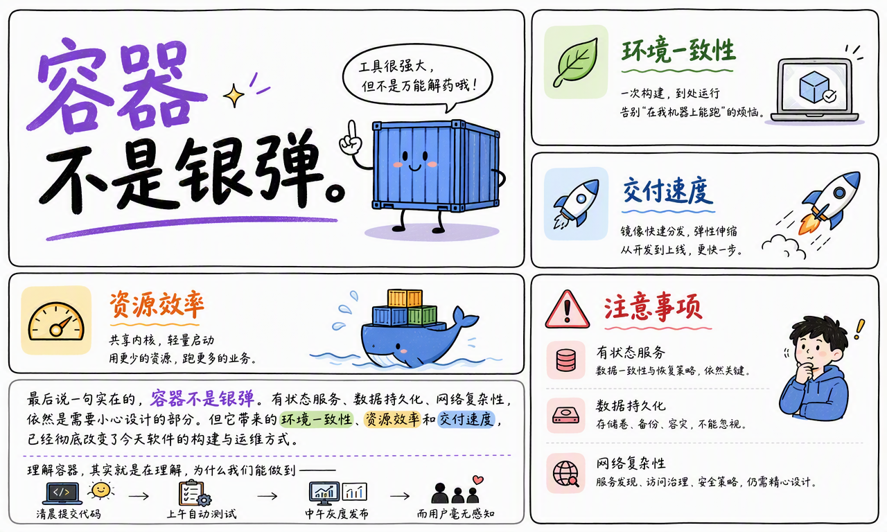 容器不是银弹,有状态服务、数据持久化、网络复杂性和安全边界仍需专门设计