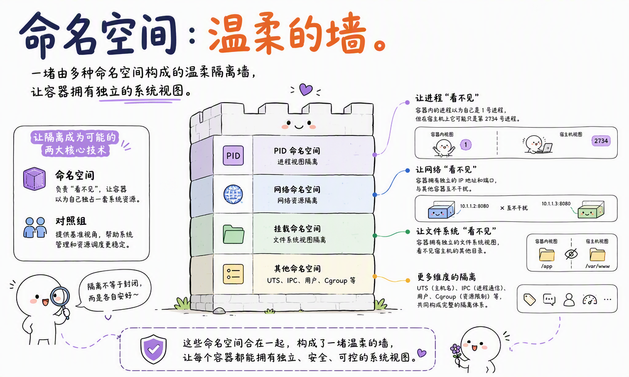 Linux 命名空间为容器提供独立的进程、网络、挂载和用户视图