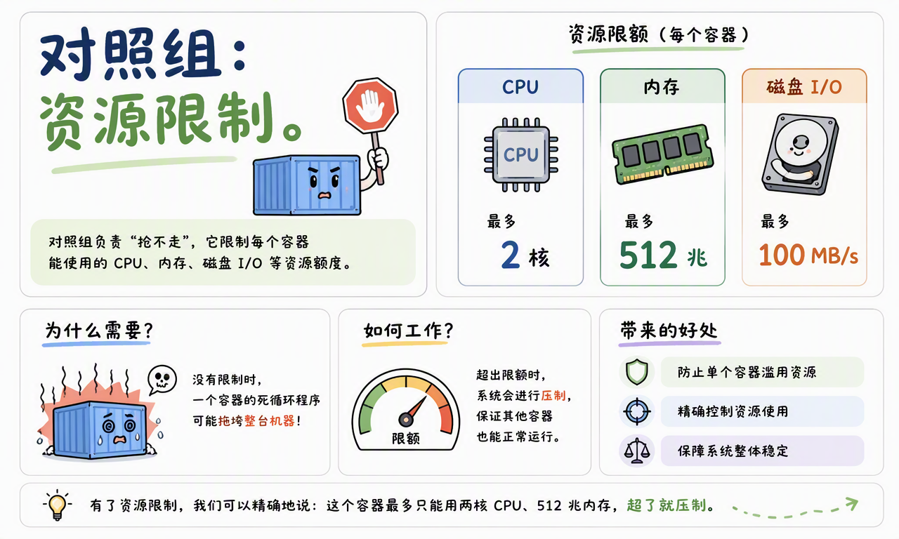 cgroups 为每个容器设置 CPU、内存和磁盘 I/O 等资源上限