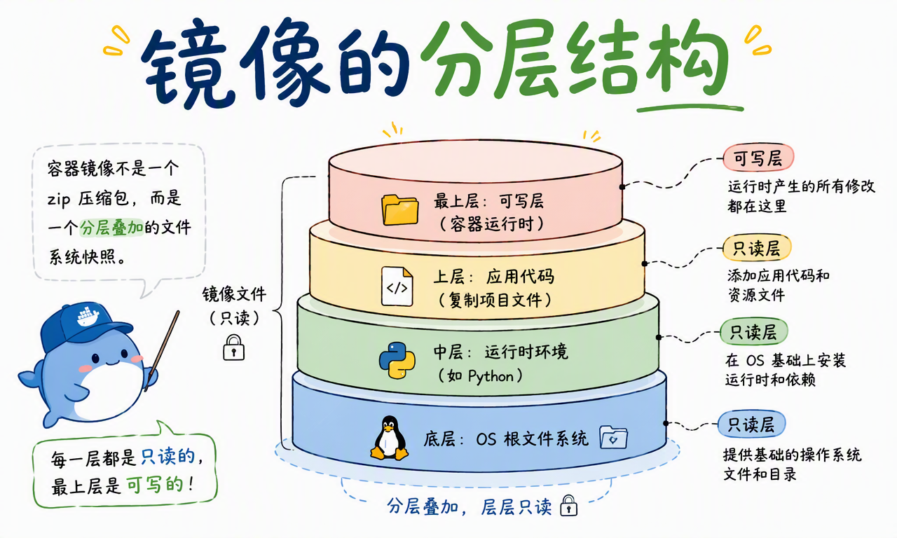 容器镜像由操作系统根文件系统、运行时、依赖和应用代码等只读层叠加而成