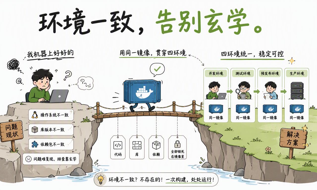 同一个容器镜像贯穿开发、测试、预发布和生产环境,消除环境不一致