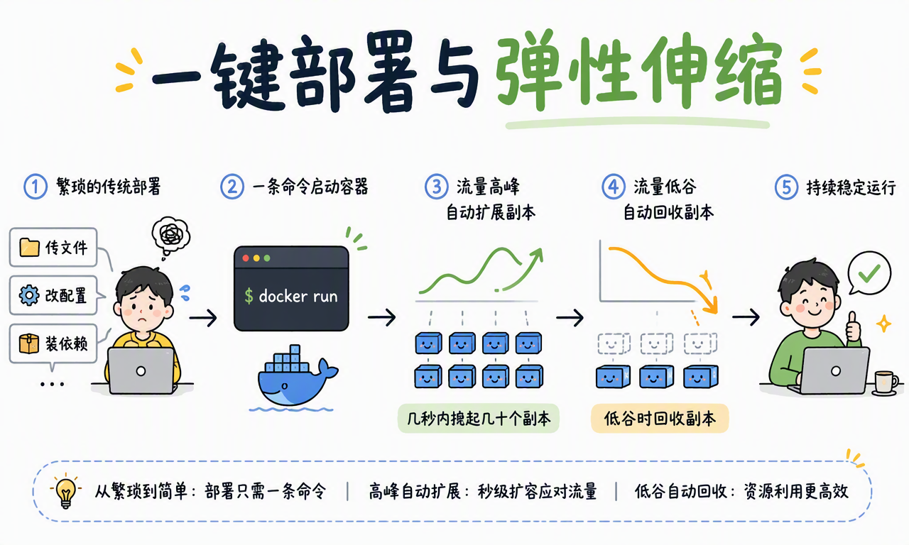 容器将手工部署简化成一条命令,并支持按流量快速扩容和缩容
