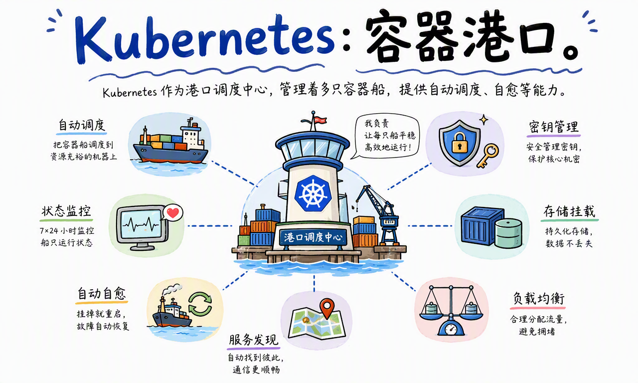 Kubernetes 像容器港口调度中心,负责调度、监控、自愈、服务发现、存储和负载均衡