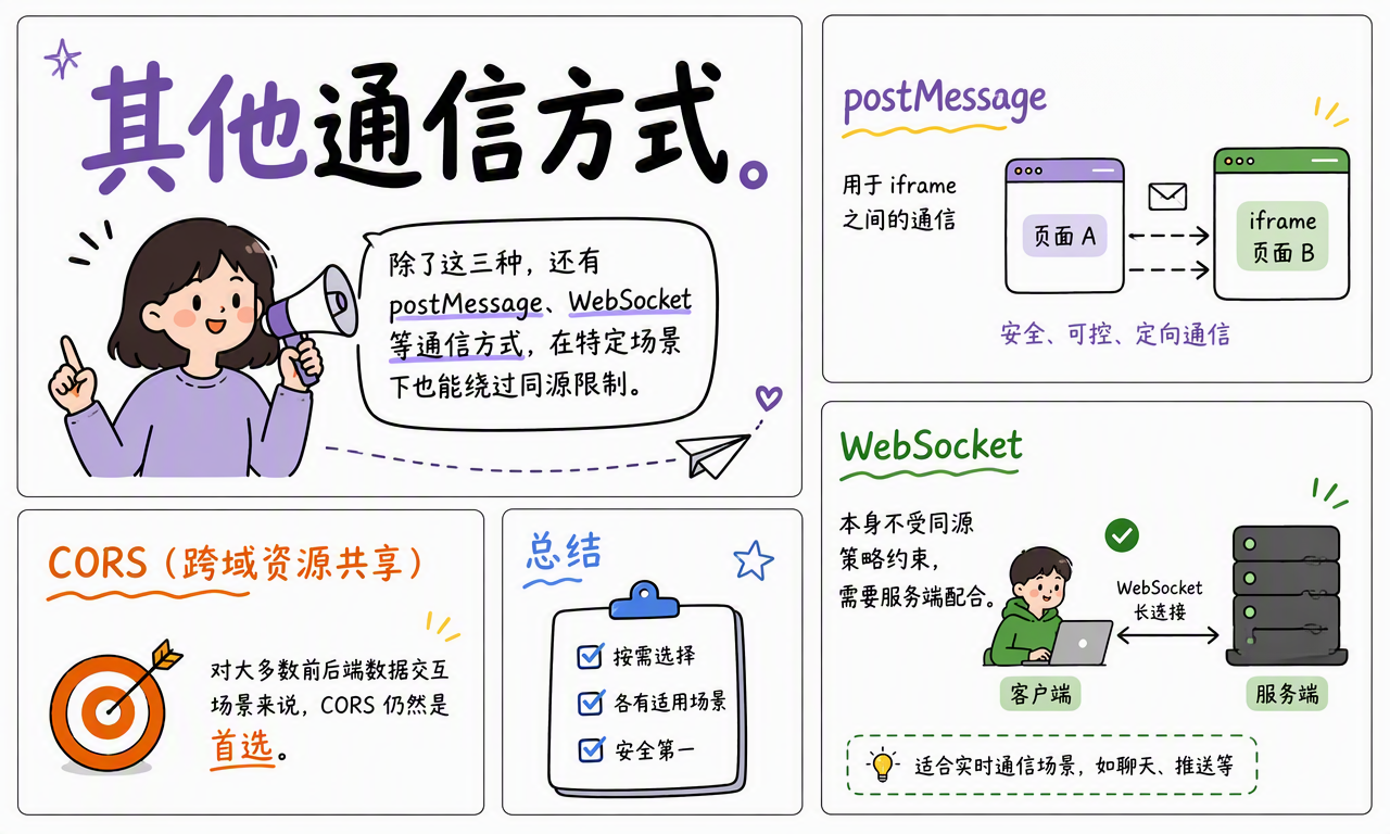 postMessage 适合 iframe 通信,WebSocket 适合实时双向通信,CORS 仍是一般 API 交互的首选