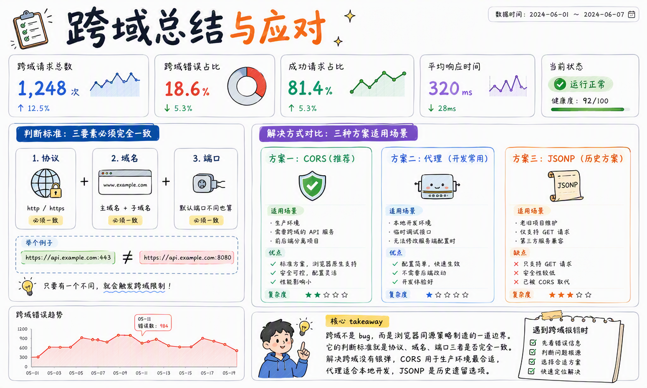 跨域判断标准、错误排查路径和 CORS、代理、JSONP 方案选择总结