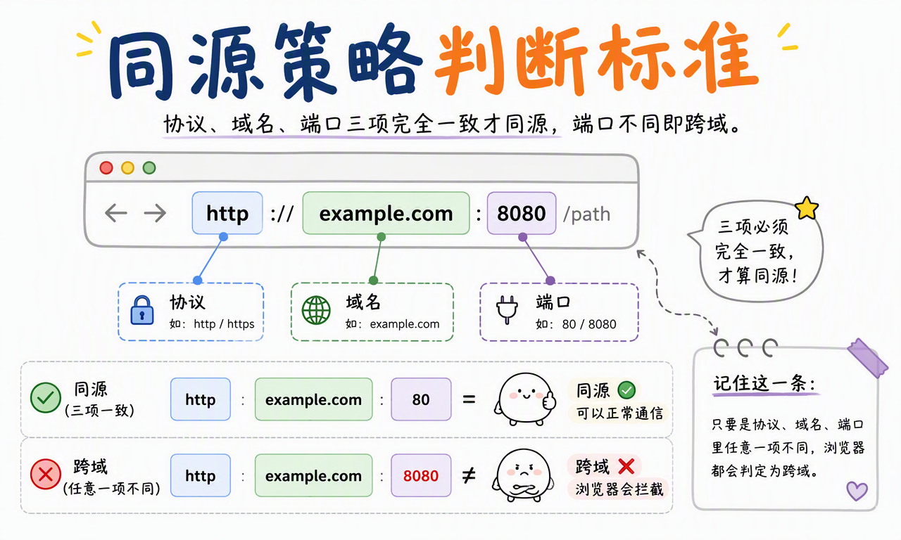同源策略通过协议、域名、端口三个字段判断两个网址是否同源