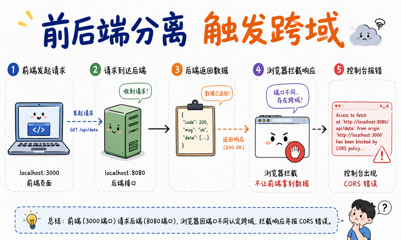 前后端分离项目中请求已到达后端,但浏览器因端口不同拦截响应并报告 CORS 错误