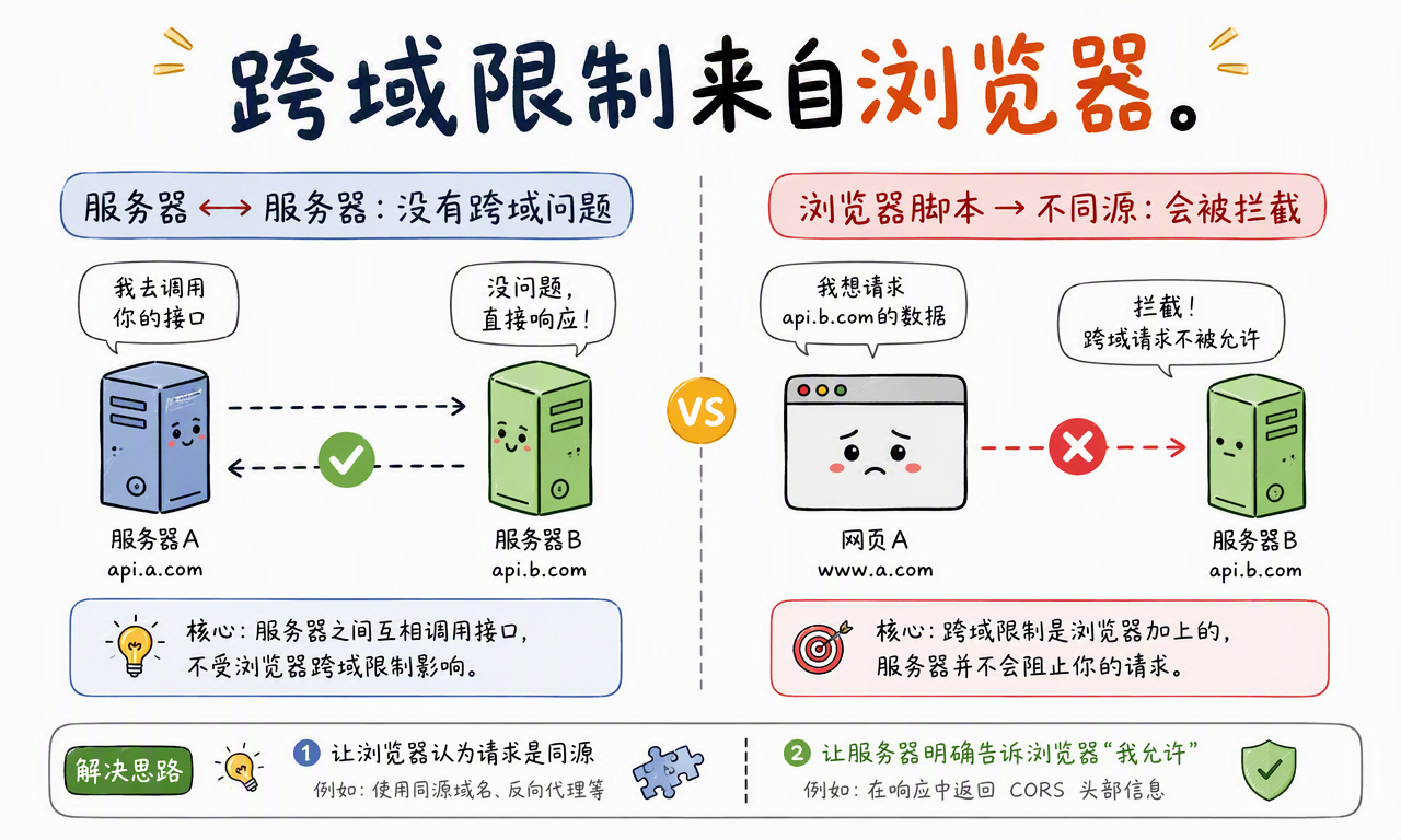 服务器之间可以直接调用接口,只有浏览器脚本访问不同来源资源时才需要跨域许可