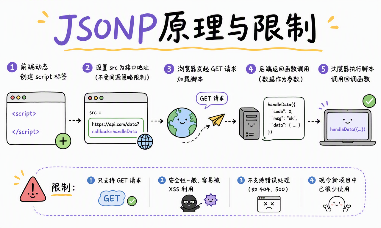 JSONP 动态创建 script 标签,通过 GET 请求加载回调函数调用